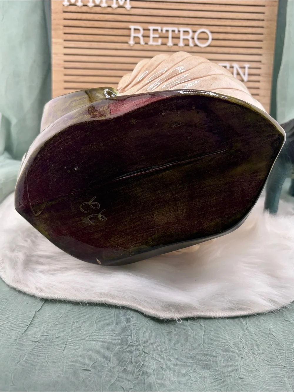 Vintage Ceramic Olive Green Snail with Pink Flowers Planter and Cream Shell